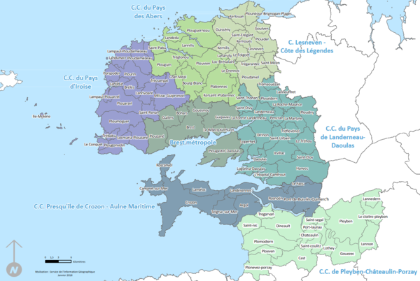 Carte du pôle métropolitain du Pays de Brest : 8, 103, 420 000 habitants